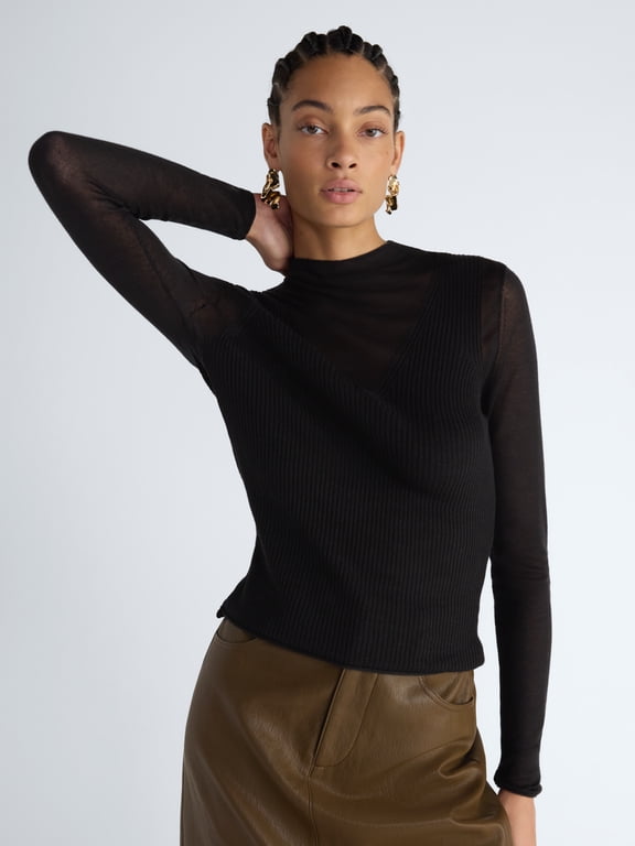Women’s and Women’s Plus Sheer Yoke Mock Neck Sweater, Sizes XS-4X