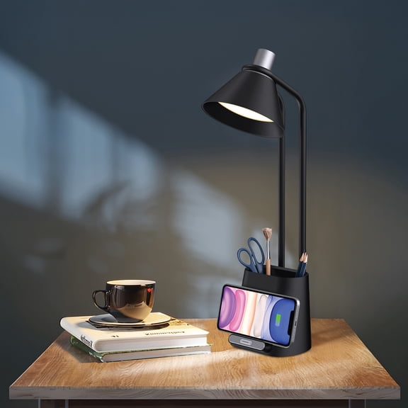 Sheffield Labs LED Desk Lamp with 3 Brightness Levels, Dimmable Touch Control, Wireless Charging Port for Phones, Black