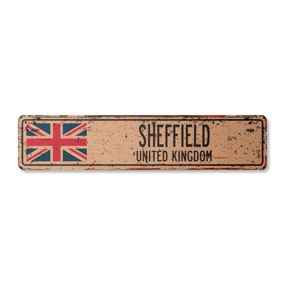 SHEFFIELD UNITED KINGDOM Vintage Plastic Street Sign British Britons Brits flag city gift | Indoor/Outdoor | 24" Wide