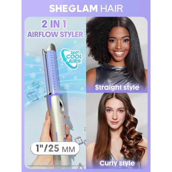SHEGLAM HAIR Cool Lock Airflow Styler, 360 ° Airflow Styler Curling Iron,Hair Curler With Cooling Air Vents To Lock In Style,4 Adjustable Temp,Dual Voltage,Fast Straightening,Water-Based Ceramic
