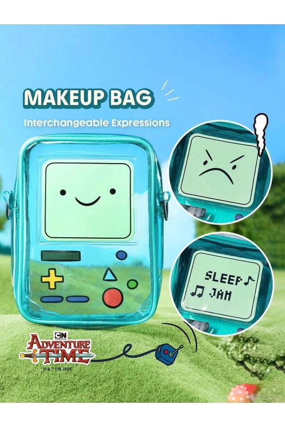 SHEGLAM x Adventure Time BMO Makeup Bag with Detachable Pendant, Large Capacity Mint Green Cosmetic Case, Y2K Aesthetic Travel Toiletry Bag for Women and Girls, Official Collection Gift