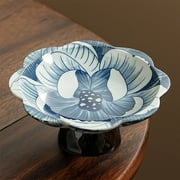 SHEIGUANNI Chinese Blue White Ceramic Fruit Plate - Hand-Painted Floral Design, High Footed Tray for Tea Party, Snacks, Home Decor,5.9x5.9x2.55in