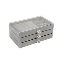 SHEIGUANNI Clear Acrylic Velvet Jewelry Organizer with 3 Drawers, Stackable Display Storage Earrings Necklace Rings Bracelets Box Holder Case for Women,Gray