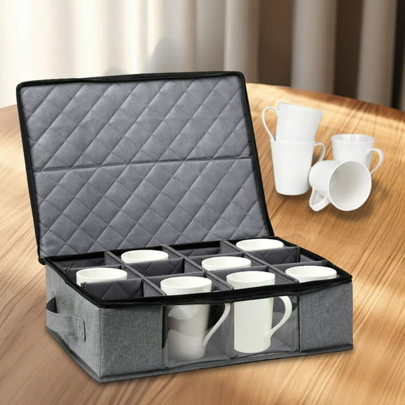 SHEIGUANNI Cup and Mug Storage Box ，Coffee Mug Organizer with Lid , Zipper and Handles，Hard Shell and Stackable， Holds 12 Mugs for Packing and Moving,Grey