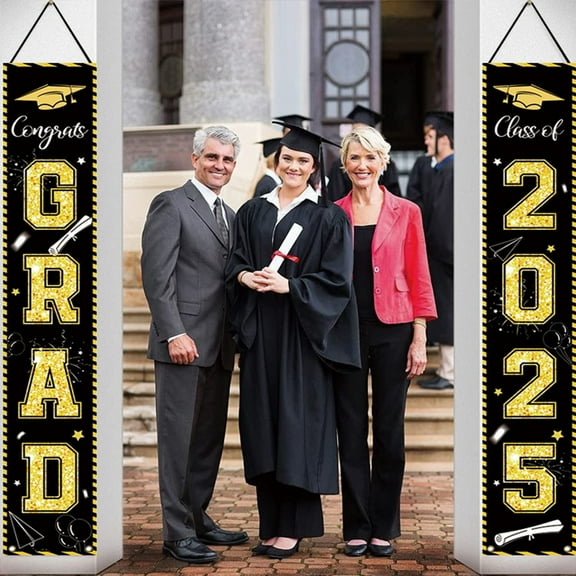 SHEIGUANNI Graduation Decorations Class of 2025 Hanging Graduation Banner - Blue Gold Congrats Grad Banner Porch Sign for Front Door, Grad Door Banners 2025 Graduate Party Decor Supplies-Black