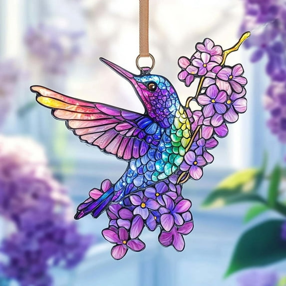 SHEIGUANNI Hummingbird Acrylic Suncatcher Lilac Branch Window Hanging Ornament for Plant Lover Lovers Bird Nerd Gift Sun Catchers Acrylic Windown Suncatchers Windows Christmas Decor