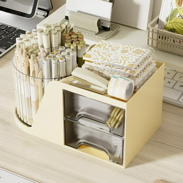 SHEIGUANNI Rotating Desk Organizer with 2 Drawer, Desk Organizers with Compartments， Pencil Pen Holder for Desk, for Office Home Art Supplies-Beige