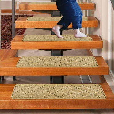 SHEIGUANNI Stair Treads for Wooden Steps Indoor, 4 Pack 8" X 30" Non Slip Carpet Stair Treads for Kids Elders and Dogs, Surface Polyester TPR Backing Stair Rugs-Beige