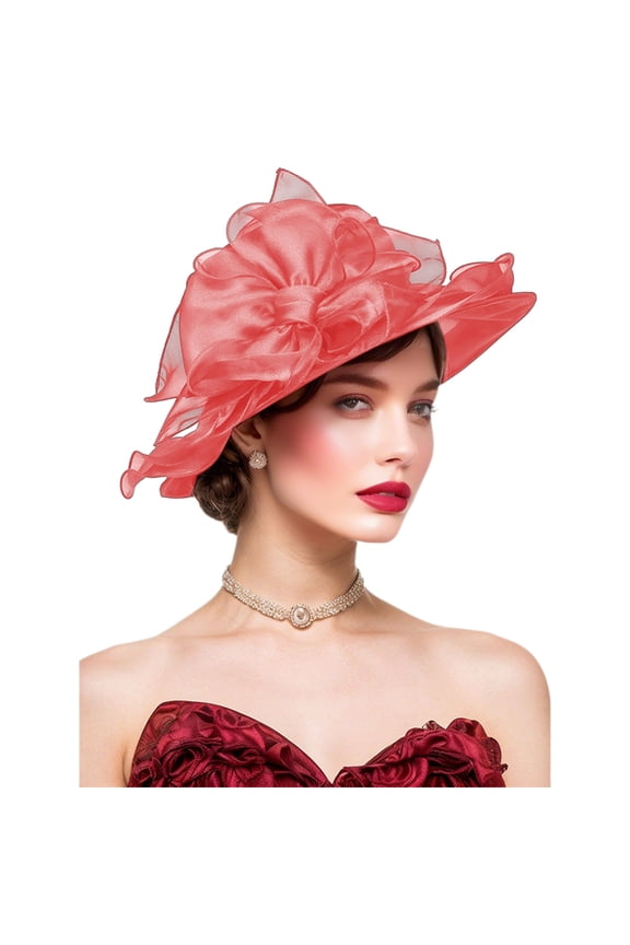 SHEIGUANNI Women's Kentucky Derby Church Hat Organza Fascinator Wedding Tea Party Hat Wide Brim Sun Caps Lightweigh Comfortable Lovely Fashion& Gift Worthy-Watermelon Red