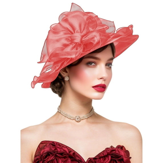 SHEIGUANNI Women's Kentucky Derby Church Hat Organza Fascinator Wedding Tea Party Hat Wide Brim Sun Caps Lightweigh Comfortable Lovely Fashion& Gift Worthy-Watermelon Red