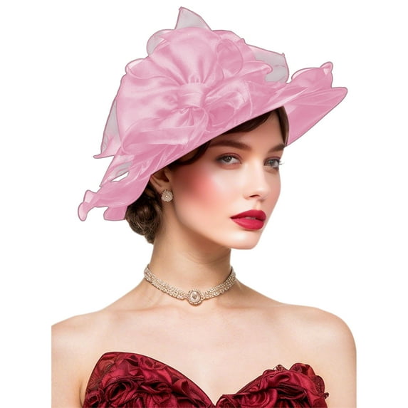 SHEIGUANNI Women's Kentucky Derby Church Hat Organza Fascinator Wedding Tea Party Hat Wide Brim Sun Caps Lightweigh Comfortable Lovely Fashion& Gift Worthy-Pink