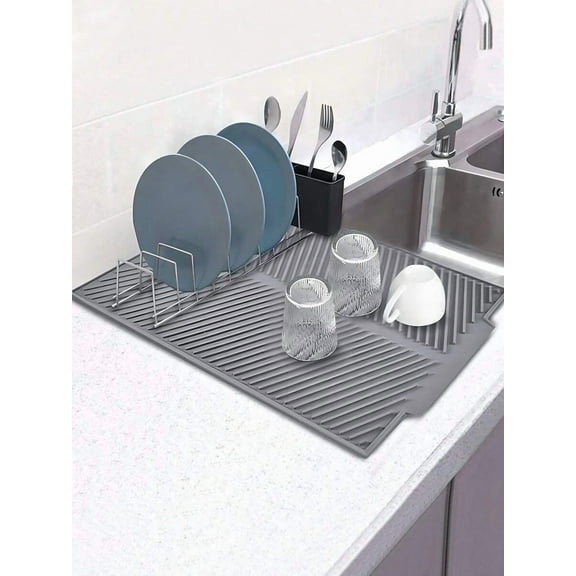 SHEIN 1pc Silicone Dish Drying Mat - 15/17/20 Inch Sizes, Heat Resistant Drainage Pad, Flexible Rubber Sink Mat for Kitchenware, Multifunctional Trivet & Countertop Mat