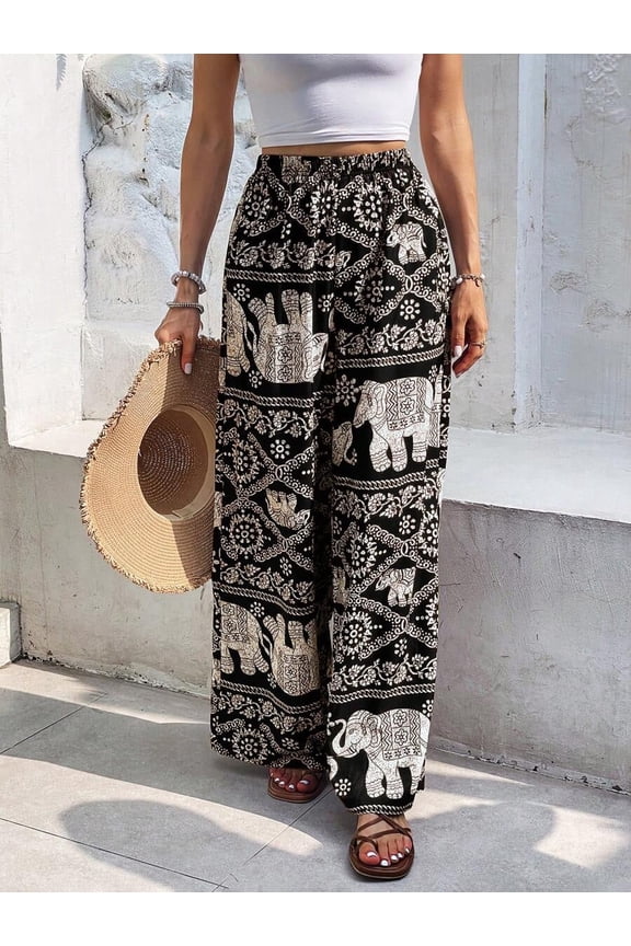 Frenchy Elephant Print Wide Leg Pants Winter Chic Blue Spring Vacation Holiday Resort