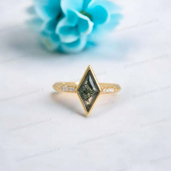 SHEKHAWATJEWELS 1.5 mm/ 12x6 Kite Shape Moss Agate Ring CZ Diamond Eternity Ring unique bridal wedding ring for women Yellow Gold Plated Silver Ring