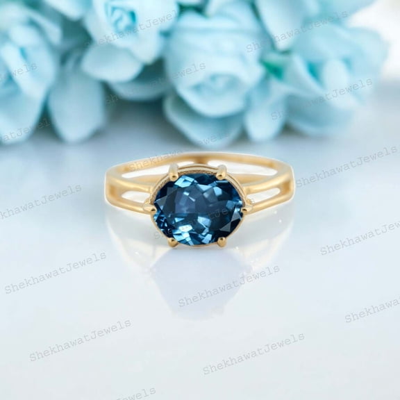 SHEKHAWATJEWELS 10x8 mm / 2 Ct Blue Topaz Solitaire Ring Oval Shape Blue Gemstone Ring Yellow Gold Plated Silver Ring November Birthstone Ring Gift For Her