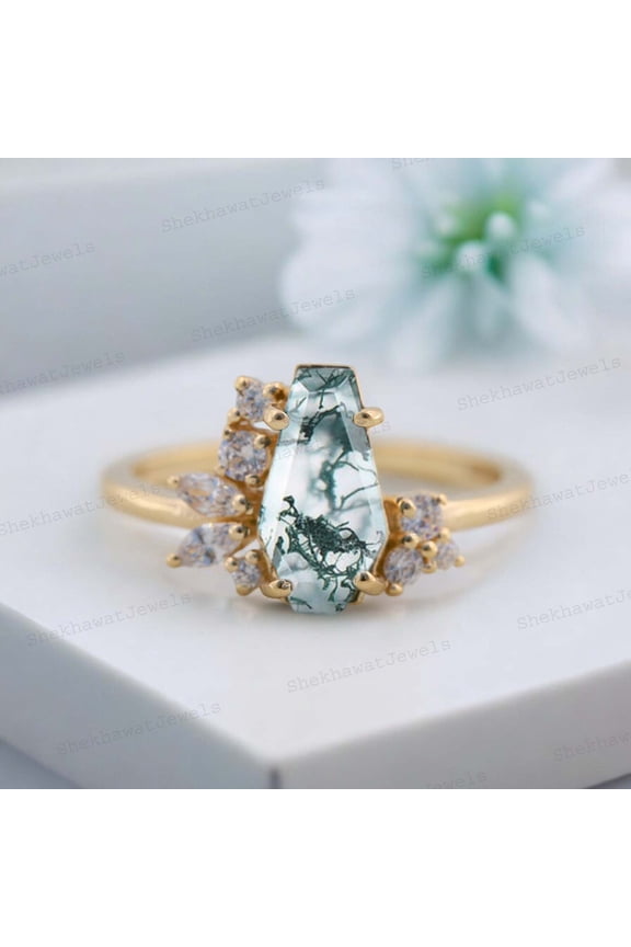 11x7 mm/ 2.5 Ct Coffin Shape Moss Agate Engagement Ring Yellow Gold Plated Diamond Cluster Bridal Ring Promise Proposal Ring For Her