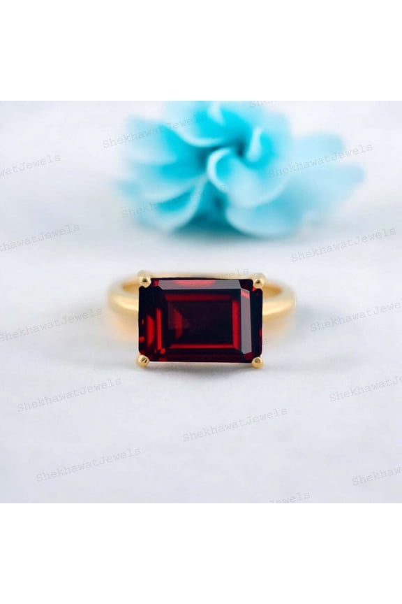 12x8 mm / 3 Ct Emerald Cut Red Garnet Ring Yellow Gold Vermeil Silver Ring January Birthstone Jewelry For Women Gift For Wife