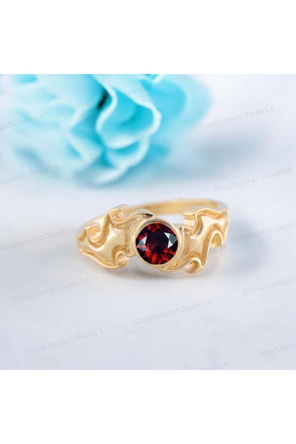 5 mm / 0.75 Ct Round Shape Red Garnet Goku Ring Yellow Gold Plated Silver Unisex Ring Anime Ring Solitaire Ring January Birthstone Ring For Her