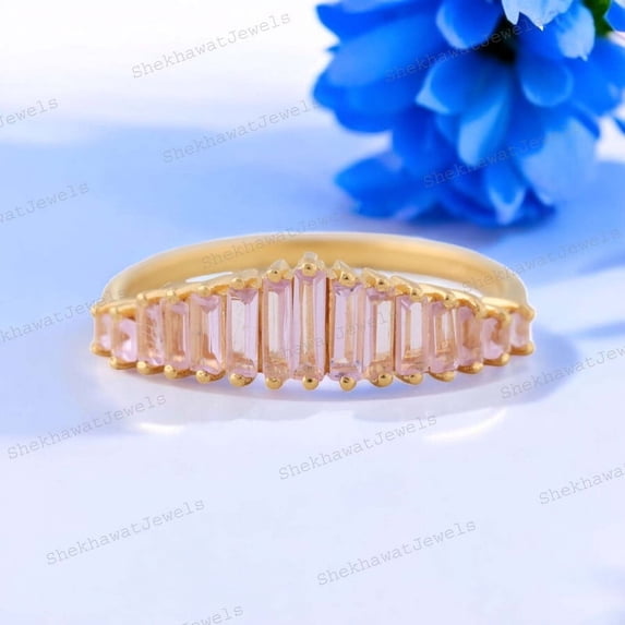 SHEKHAWATJEWELS 5x2.5 mm / 0.50 Ct Baguette Cut Pink Sapphire Half Eternity Wedding Band Step Cut Stackable Bridal Band Unique Designer Wedding Band Gift for Women
