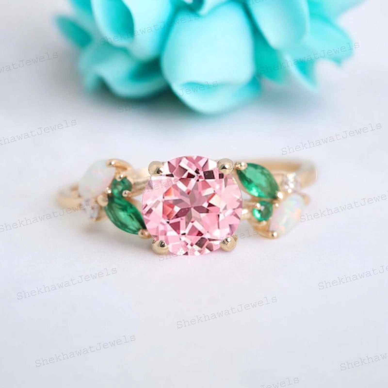 SHEKHAWATJEWELS 6 mm/ 0.75 Round Shape Pink Sapphire Engagement Ring Cluster Opal Emerald Ring For Women Yellow Gold Plated Silver Anniversary Gift For Her