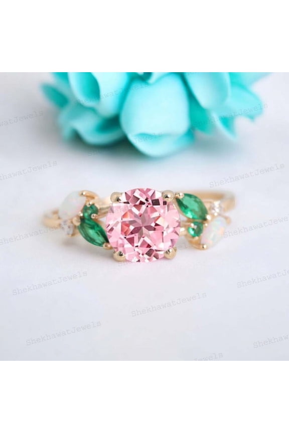 6 mm/ 0.75 Round Shape Pink Sapphire Engagement Ring Cluster Opal Emerald Ring For Women Yellow Gold Plated Silver Anniversary Gift For Her