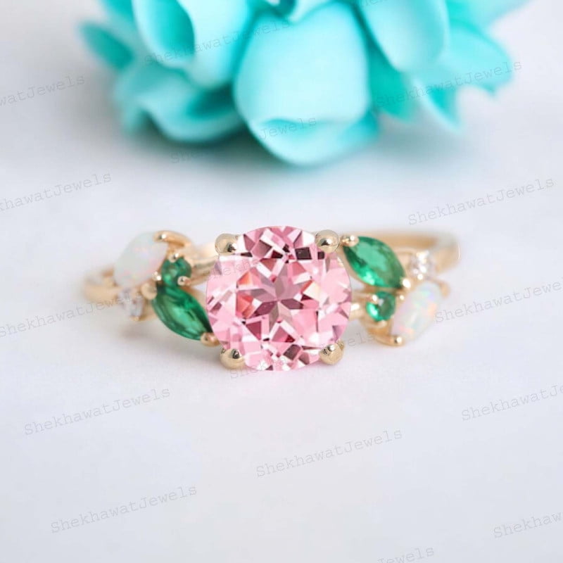 SHEKHAWATJEWELS 6 mm/ 0.75 Round Shape Pink Sapphire Engagement Ring Cluster Opal Emerald Ring For Women Yellow Gold Plated Silver Anniversary Gift For Her