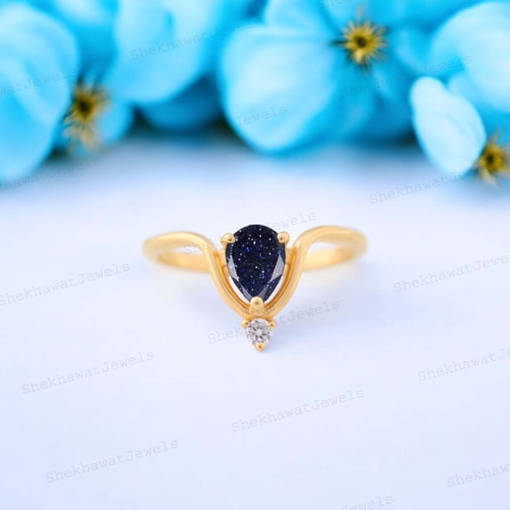SHEKHAWATJEWELS 7x5/ 1 Ct Pear Blue Sandstone Wedding Ring - Christmas Gift for Girlfriend