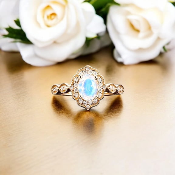 SHEKHAWATJEWELS Natural Moonatone Bridal Ring / Moissanite Halo Women's Jewelry / Yellow Gold Plated Silver / Perfect Gift For Her