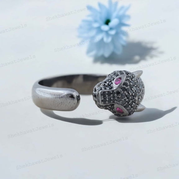 SHEKHAWATJEWELS Panther Ring Black Gold Animal Tiger Leopard Jaguar Ruby Ring, Black Onyx Open Gap band Women's Party Rings, Birthday Gift For Her
