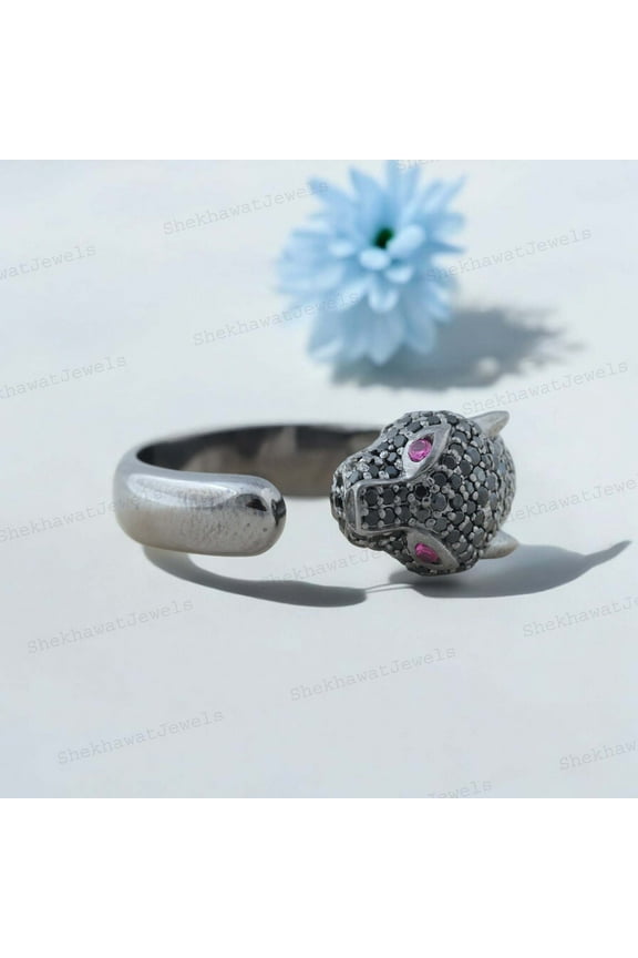 Panther Ring Black Gold Animal Tiger Leopard Jaguar Ruby Ring, Black Onyx Open Gap band Women's Party Rings, Birthday Gift For Her