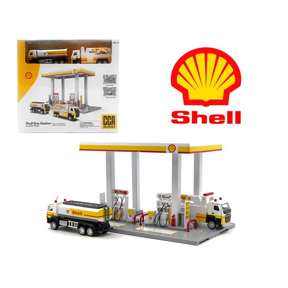 SHELL GAS STATION W/VOLVO OIL TANKER & TOW TRUCK DIORAMA PLAYSET