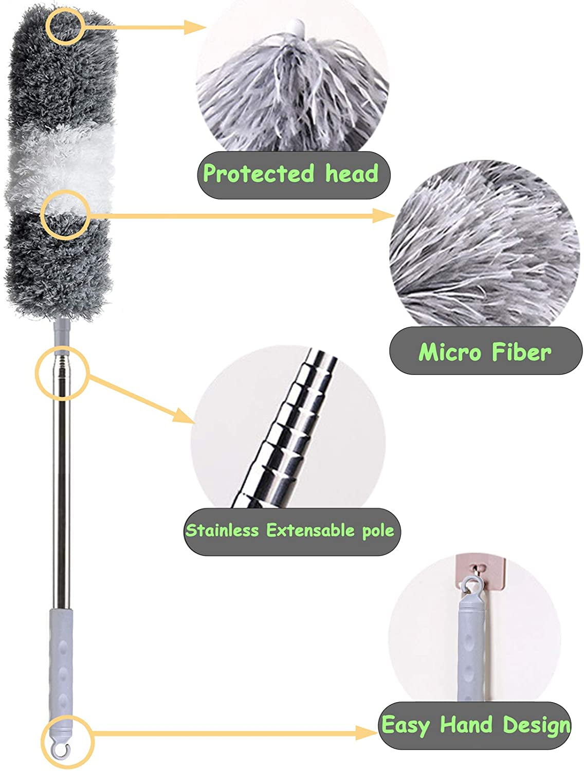 SHELLTON 100 Inch Extendable Cobweb Duster, Scratch-Resistant Cover, Stainless Steel Pole, Detachable Bendable Head, Washable