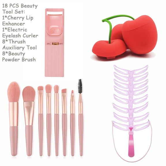 SHELLTON 18Pcs Cosmetic Brush Set Heated Eyelash Curler Cherry Lip Enhancer Thrush Auxiliary Tool Beauty Tool Set