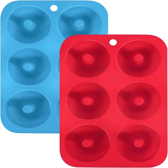 SHELLTON 2 Pack 6 Cavities Non-Stick Safe Silicone Donut Baking Mould for Cakes, Biscuits, Bagels, Muffins, Blue, Red