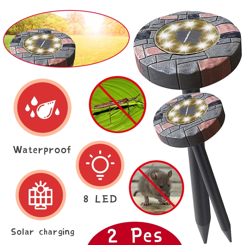 SHELLTON 2 Pack Solar Powered Ultrasonics Pest Repeller, Solar Ground Lights, Repel Mole Gopher Vole Mouse Chaser,Humane Pest Control Rodent Repellent for Outdoor for Lawn Garden Yard Home, White
