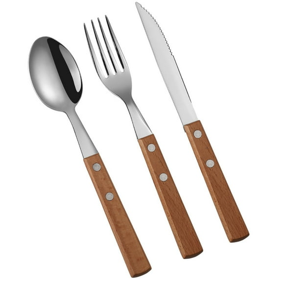 SHELLTON 3 Pack Wooden Handle Stainless Steel Cutlery Set Forks Spoons Knives Flatware Set