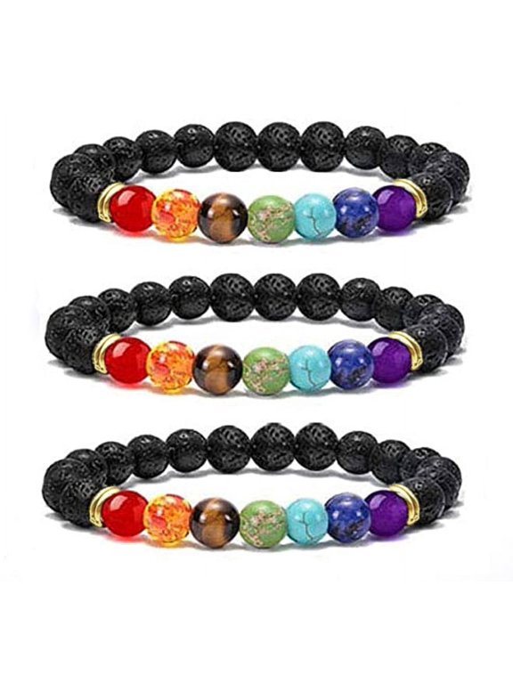 3PCS Men Women 8mm Lava Rock 7 Chakra Essential Oil Diffuser Bracelet Elastic Natural Stone Energy Yoga Colorful Bead Bracelet