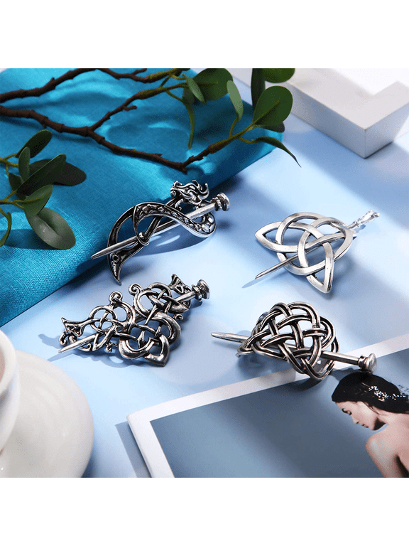 4 Pieces Retro Silver Viking Celtic Hair Clips Vintage Metal Hair Slide Barrettes Hair Clips Hair Sticks Hair Accessories for Women Girls