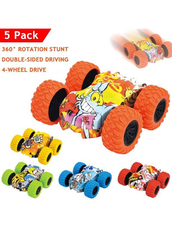 5 Pack Toy Car,Pull Back Car Friction Powered Vehicle,Double Side Stunt Graffiti Four-Wheel Drive Toy Car,Kids Birthday Christmas Party Supplies Gift