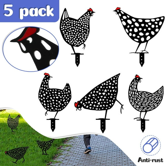 SHELLTON 5 Packs Metal Chicken Yard Art, 13" Garden Decor for Outside, Rooster Silhouette Lawn Decoration