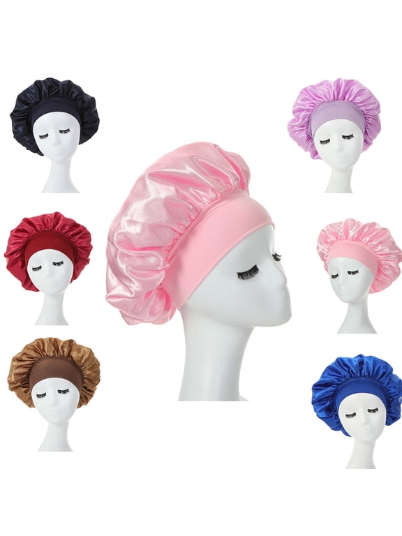 6pcs Women Satin Bonnet Cap Night Sleep Hair Protect Head Cover Wide Band Adjust Hats