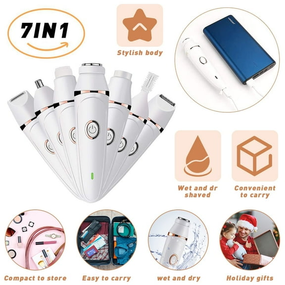 SHELLTON 7 In 1 Women Electric Hair Removal Razor, Cordless Ladies Shaver Painless Body Hair Trimmer Remover Rechargeable Epilator for Bikini Facial Nose Ear Eyebrows Leg