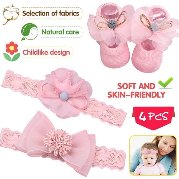 SHELLTON Baby Girl's Christening Headbands Baby Girl Baptism Headbands with Bows,Cute Headbands Socks Set,Elastic Crown Flower Hair Band for Newborn Baby Infant Toddlers Girls, 2 Headbands&1 Socks