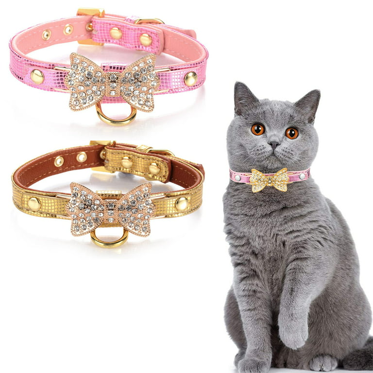 Beirui Rhinestone Bling Leather Dog Collar and Leash Set - Soft Flocking  Sparkly Crystal Diamonds Studded - Cute Double Bowknot Cat Collar with 4  Foot