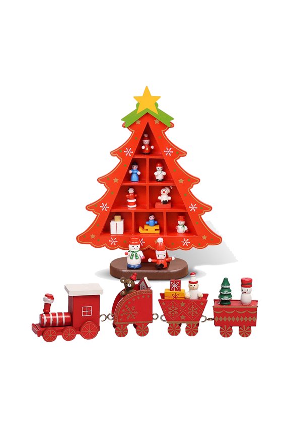 Christmas Decorations Wooden Christmas Tree and Cute Wooden Mini Train Creative Scene Layout Ornaments Three-dimensional Red Xmas Table Desktop Decoration