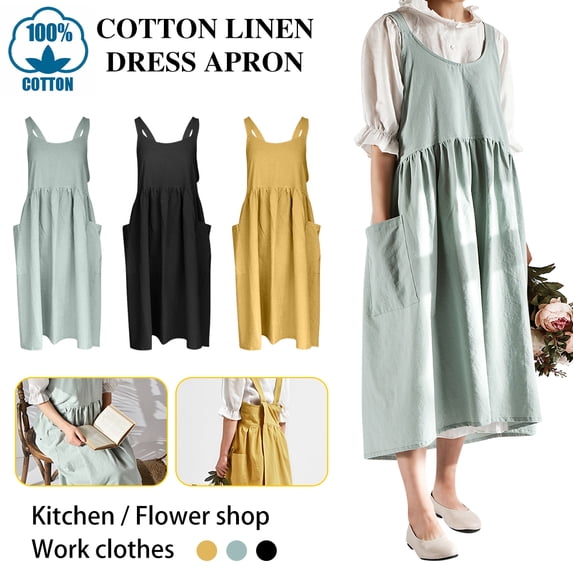 SHELLTON Cotton Linen Apron Cross Back Adjustable Apron for Women with Pockets Cute Pinafore Dress for Baking Chef Gardening Without Waist Ties Green