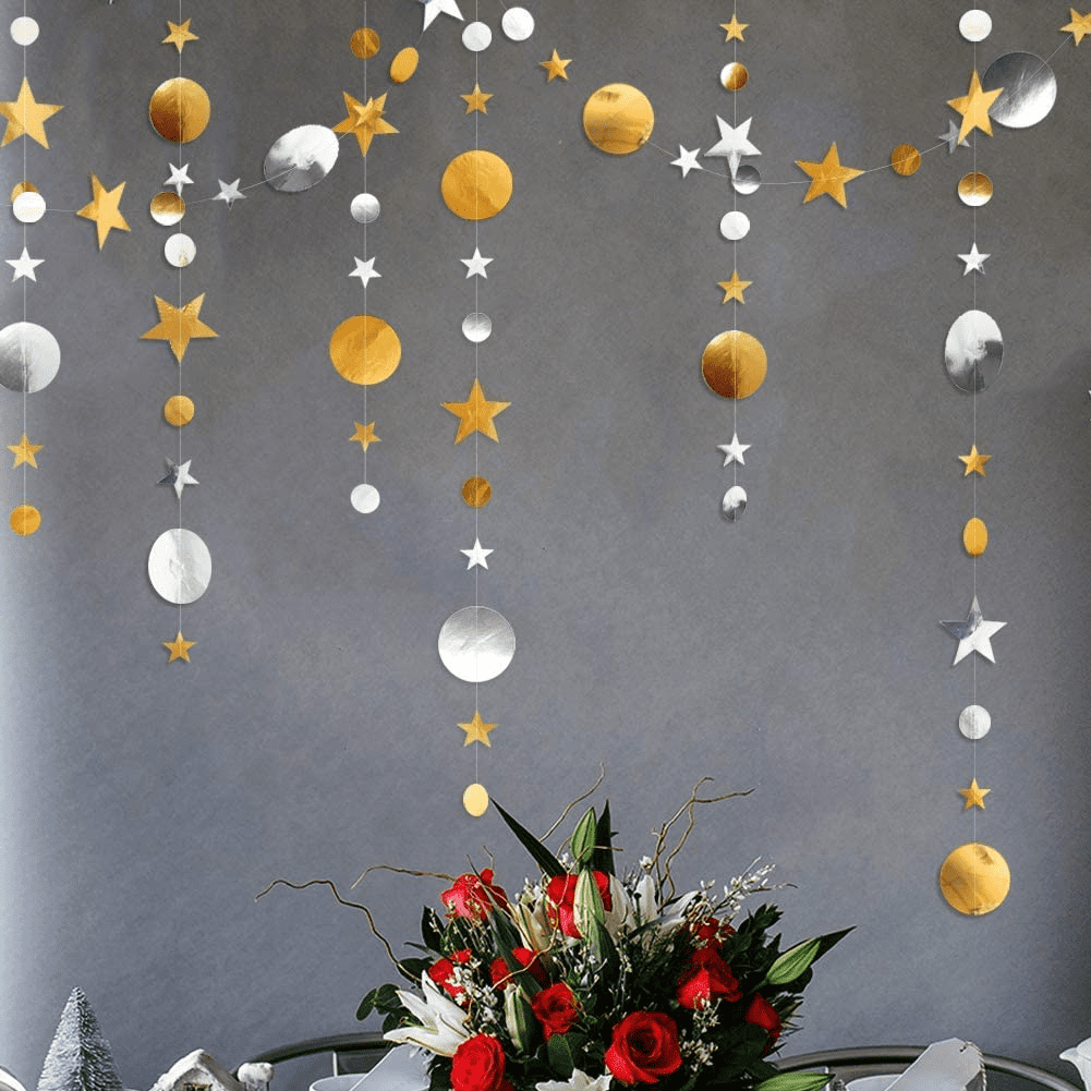 SHELLTON Gold And Silver Twinkle Little Star Party Garlands Glitter Hanging Moon Stars Decorations Kids Birthday Bday Baby Shower Wedding Ramadan EID Graduation Party Supplies