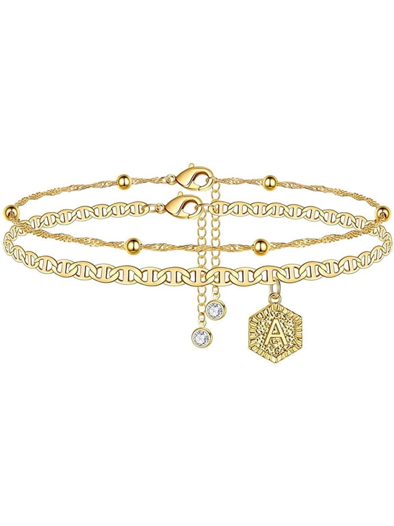 Initial Ankle Bracelets for Women, 14K Gold Filled Handmade Dainty Layered Anklet Letter Initial Heart Ankle Bracelets