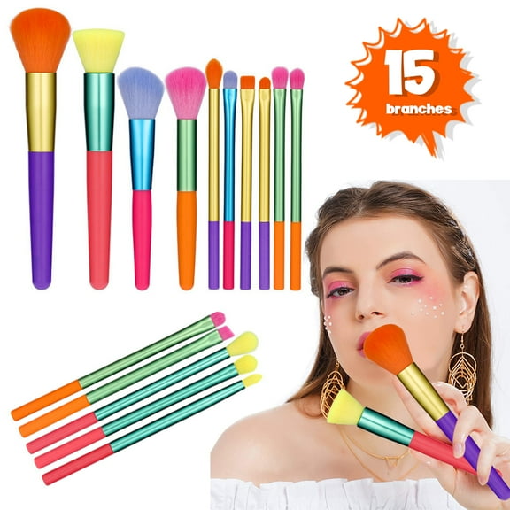 SHELLTON Makeup Brushes 15 Pcs Colourful Makeup Brush Set Premium Synthetic Kabuki Foundation Blending Face Powder Blush Concealers Eyeshadow Rainbow Make Up Brush Set