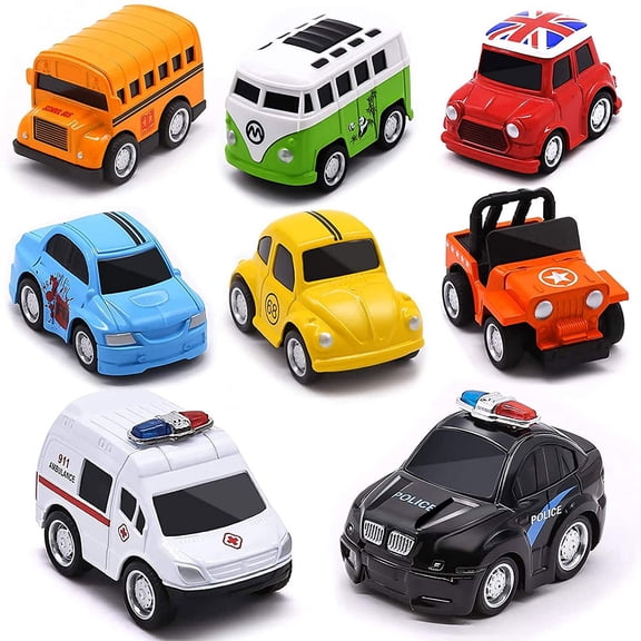 SHELLTON Metal Pull Back Cars 8 Pack Mini Die Cast Toy Cars Set Vehicles Friction Powered for Kids Toys